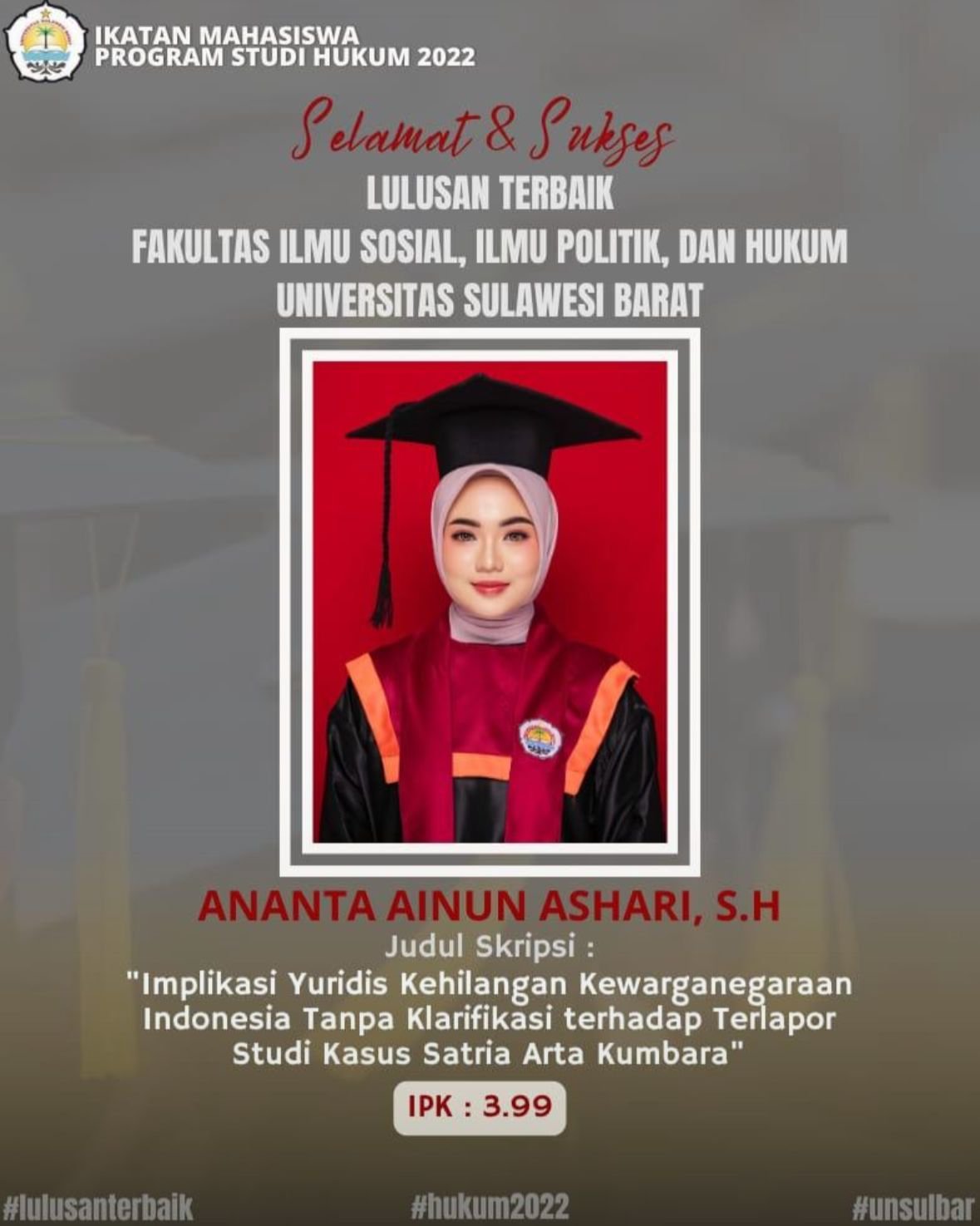 Ananta Ainun Ashari Dinobatkan Sebagai Lulusan Terbaik Wisuda Angkatan XX Universitas Sulawesi Barat